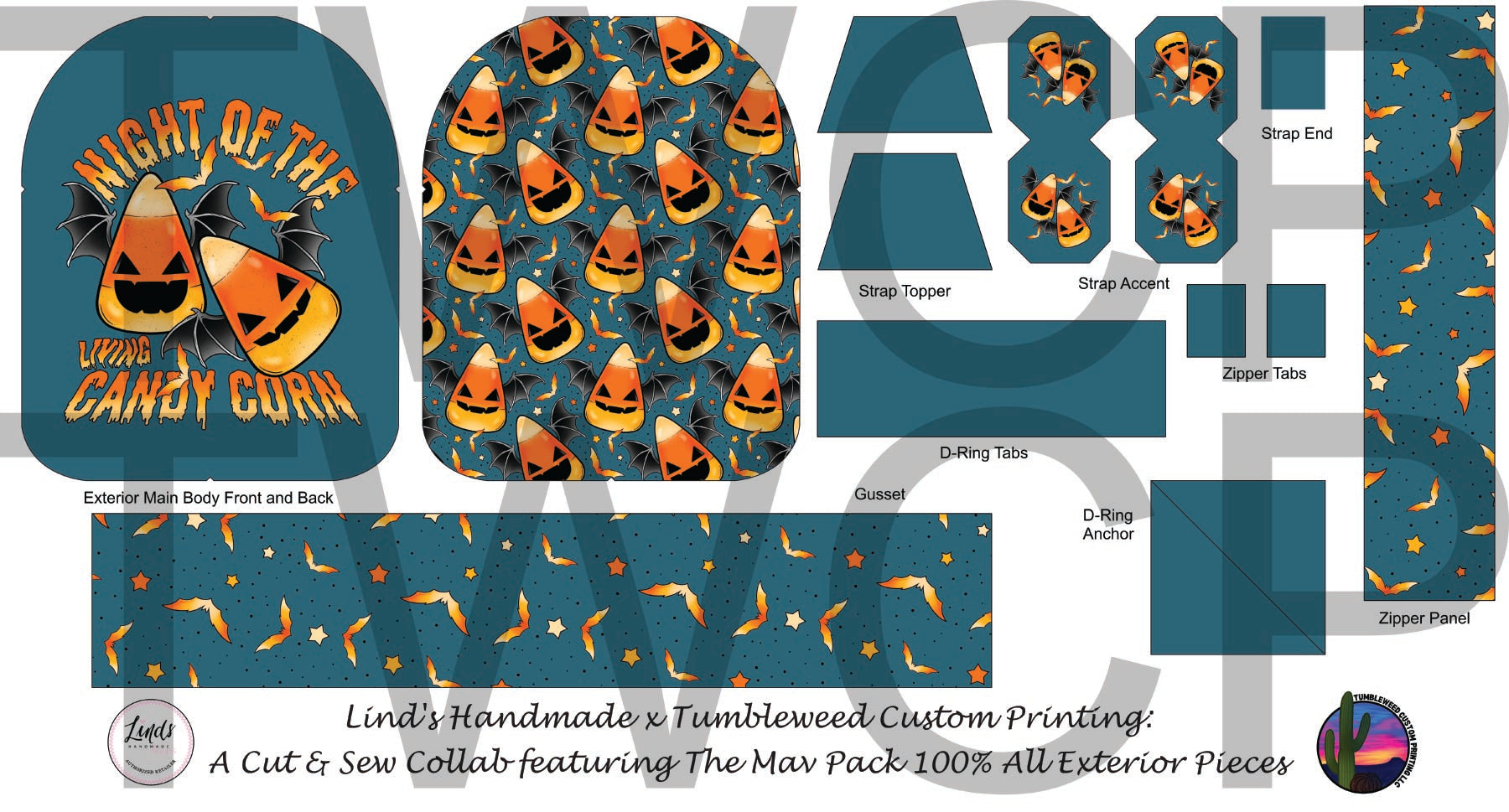 Lind's Handmade - Mav Pack 100% - Night of the Living Candy Corn Teal
